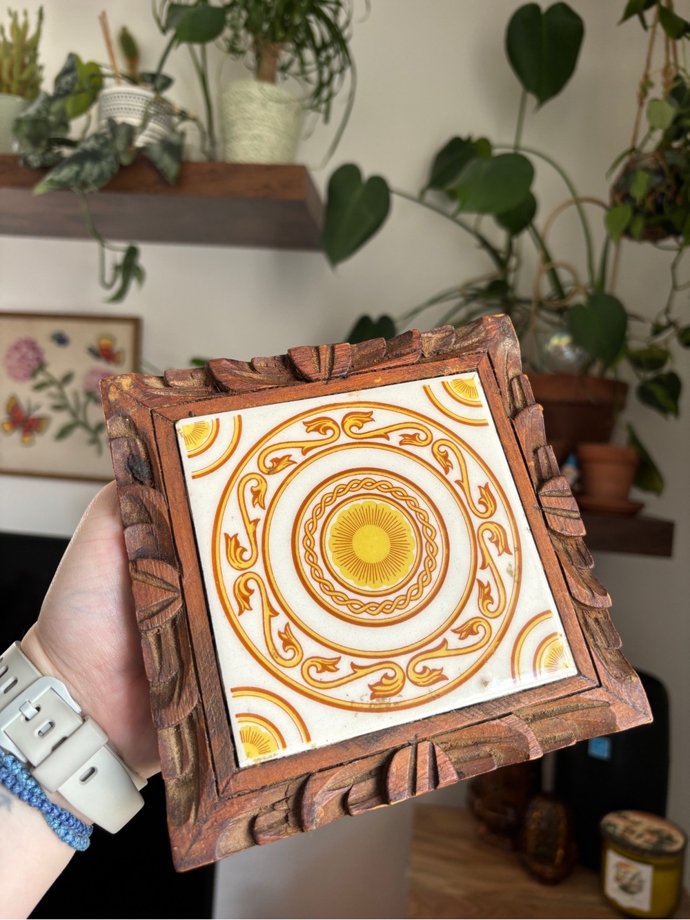 EUC Vintage 70s Set of 2 Mexican Dal Tile Ceramic Wooden Framed Trivets Coasters - Picture 4 of 16